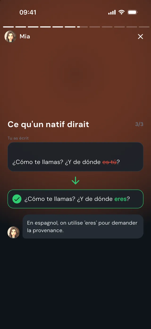 Bilan : « de dónde es tú » corrigé en « de dónde eres »