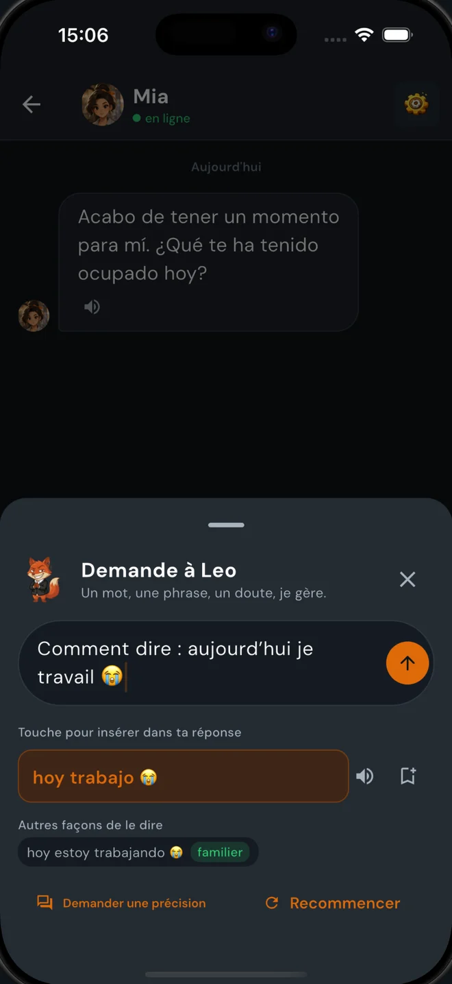 Panneau « Demande à Leo » avec la phrase à insérer dans la réponse